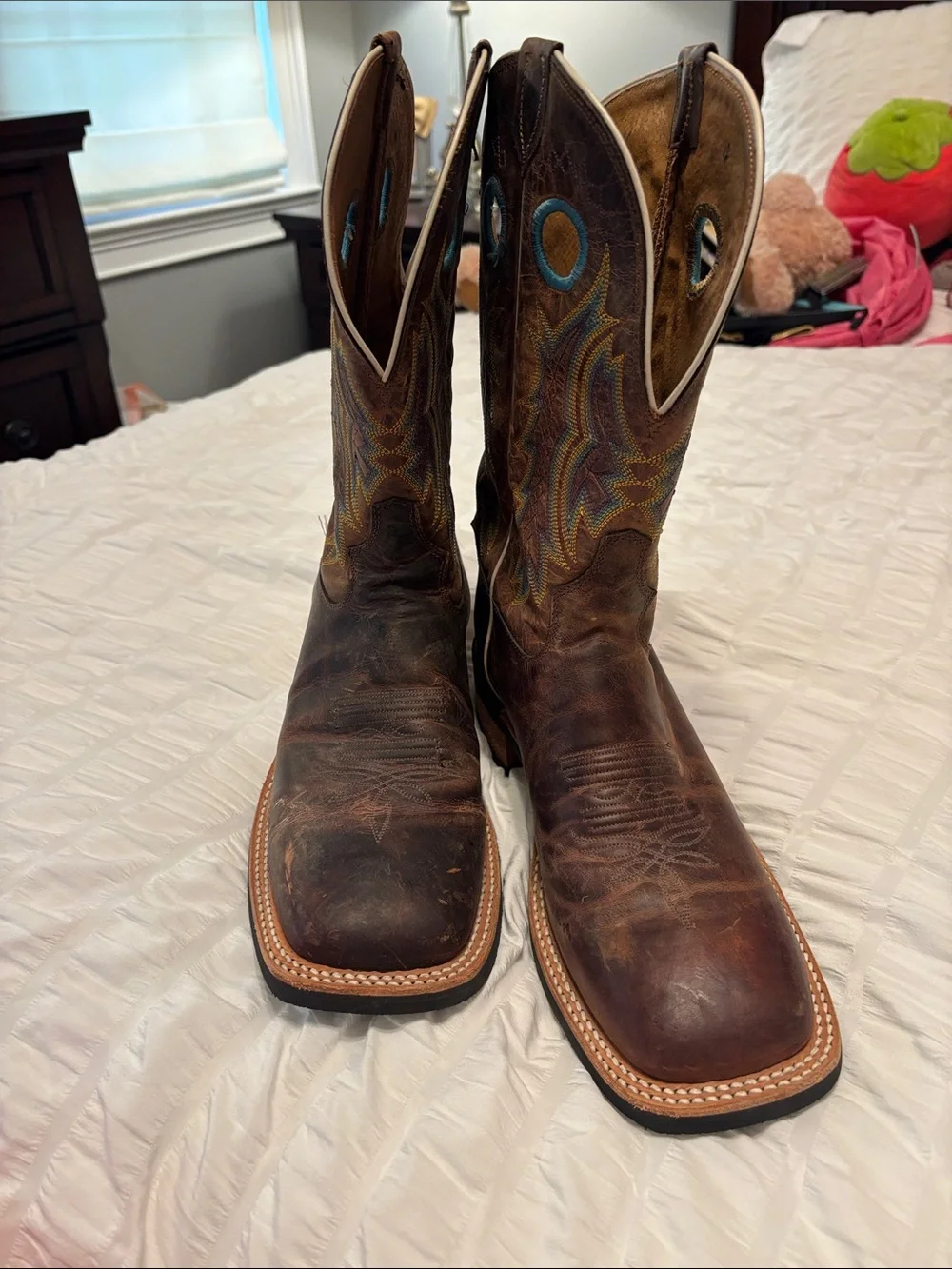 Tony Lama Brown Leather Western Work Boots with Multicolor Stitching